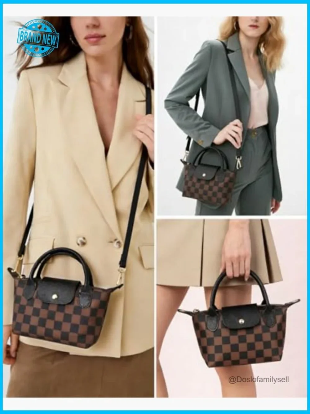 Mini Crossbody Bag Nylon Tote Checkered Pattern Adjustable Strap Chic Minimalist